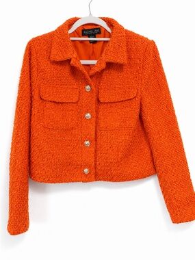 Rachel Zoe Bright Orange Tweed Boxy Button Jacket